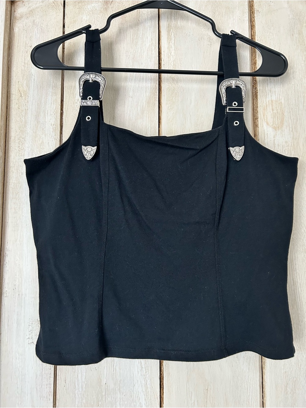 Black Buckle-Strap Crop Tank Top with Silver Accents